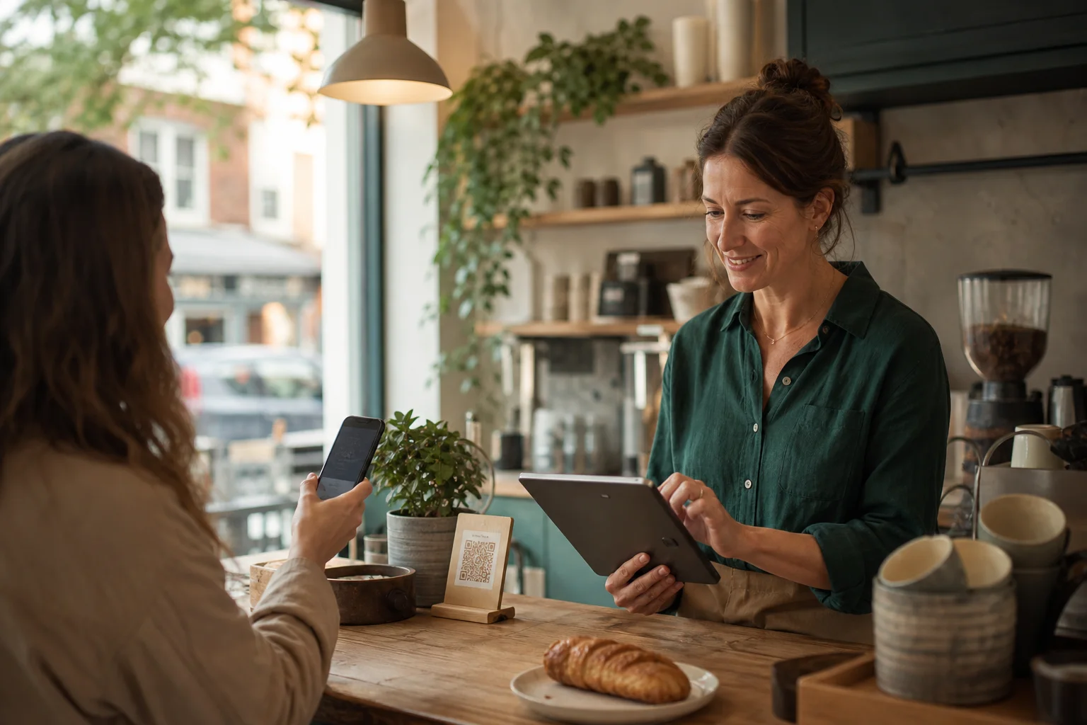 An independent cafe owner using her back office while serving a customer